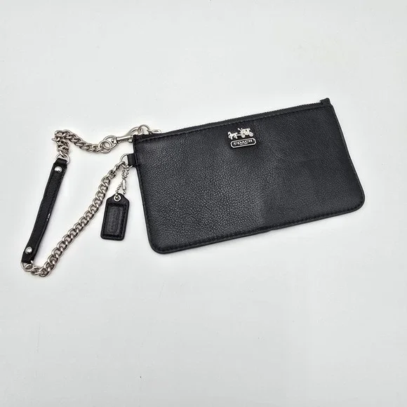 Coach Black Leather Wristlet Pouch Wallet with Chain Strap‎