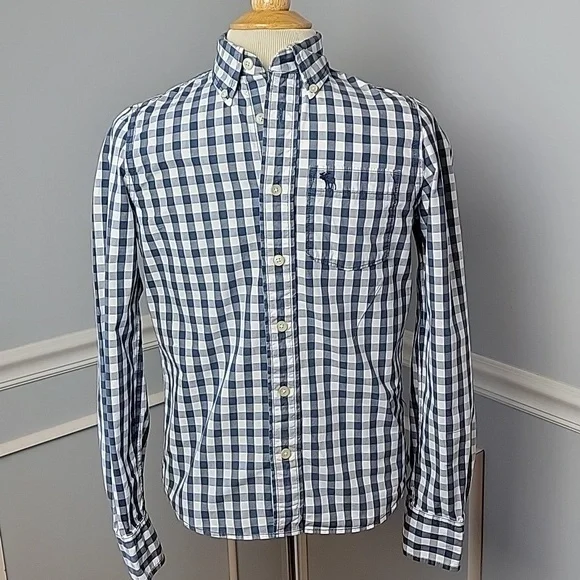 ABERCROMBIE Blue White‎ Gingham Muscle Fit Y2K Casual Preppy Button Down Shirt L