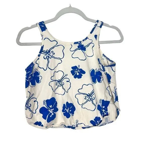 Zara Girls Crop Top Hawaiian Hibiscus Floral Cream Blue Curved Hem Tank 13-14 L