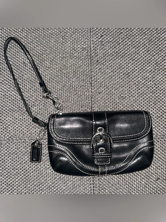 Coach Black Leather Wristlet Strap Bag with Contrast Stitching