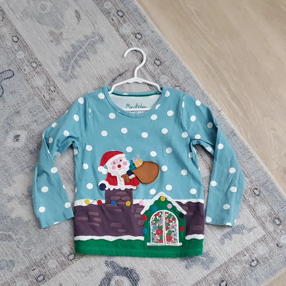 Mini Boden Girls Lift The Flap Christmas Applique Santa Top Shirt Blue Sz4-5y
