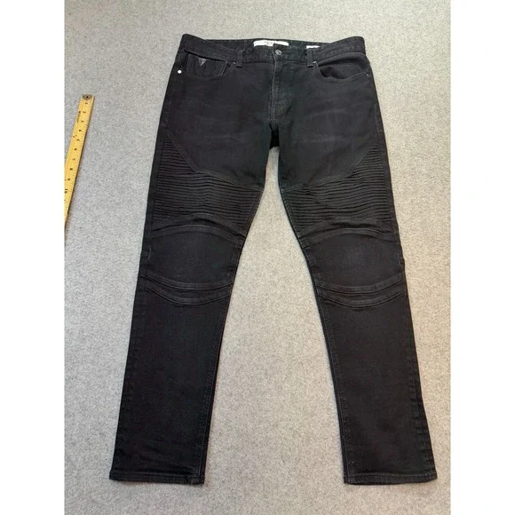 GUESS Mens‎ Jeans Moto Biker Black Denim 34x28 Slim Ribbed Knee Panels Work