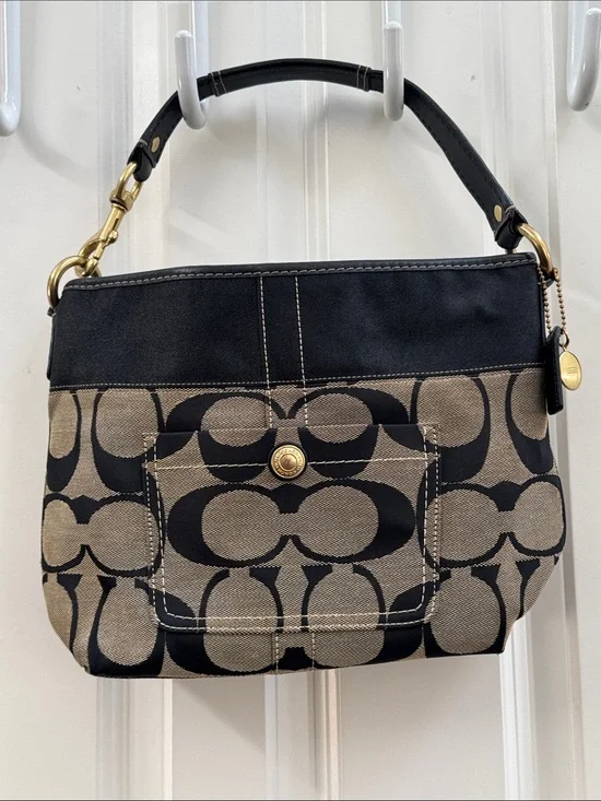 Coach Black and Khaki Signature Canvas Shoulder Bag