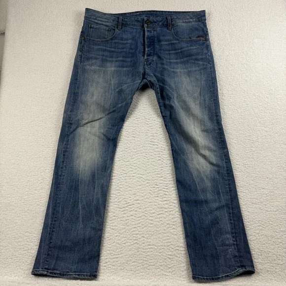 G Star Raw Attacc Slim Straight Jeans Mens 38x32 Blue Whiskering Denim Mid Rise
