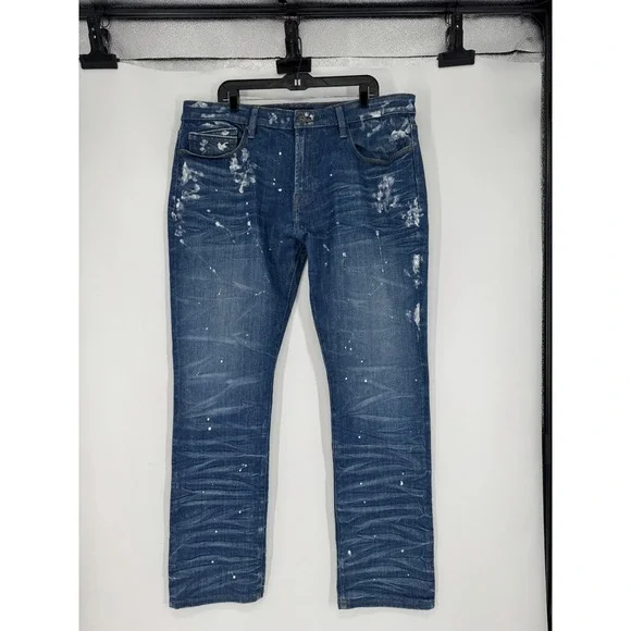 Cult Of Individuality Jeans Mens 42x33 Blue Denim Paint Splatter Rocker Slim Fit