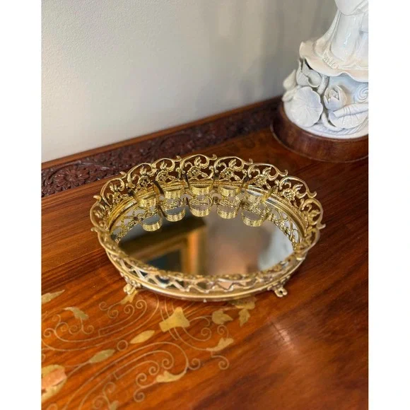 Vintage‎ Gold Ormolu Lipstick Holder - Mirrored Vanity Tray