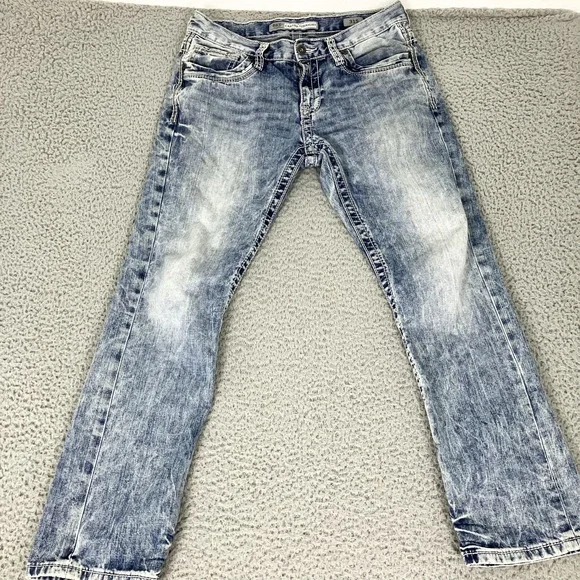 BKE Carter Straight Jeans Mens 31x30 Blue Acid Wash Denim Embroidered Distressed