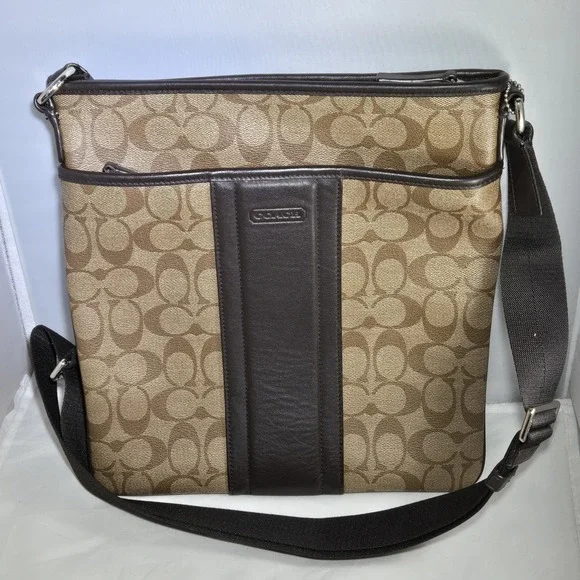 COACH F71131 HERITAGE SIGNATURE SMALL ZIP TOP CROSSBODY Brown Canvas Leather‎