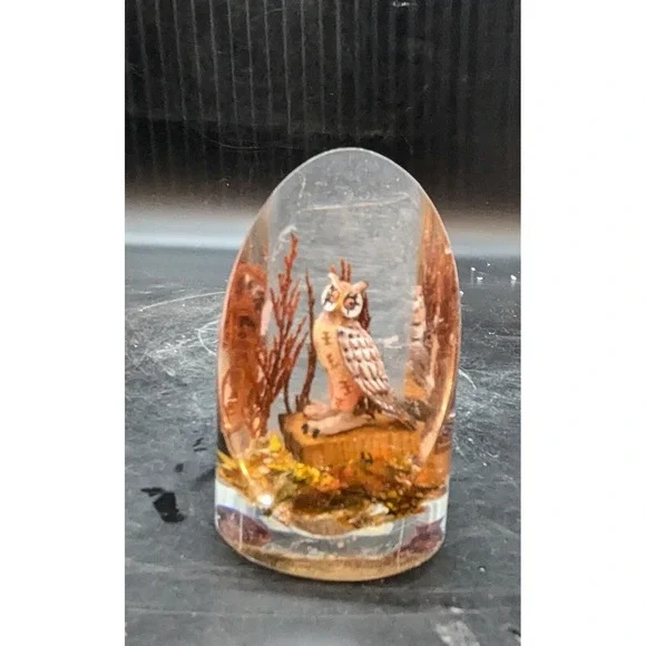 Vintage Lucite Owl Diorama Woodland Scene Paperweight 4