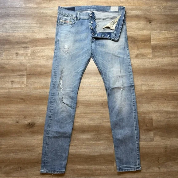 Diesel Tepphar Jeans Mens 33x32 Muddy Wash Distressed Slim Carrot Stretch 0845F