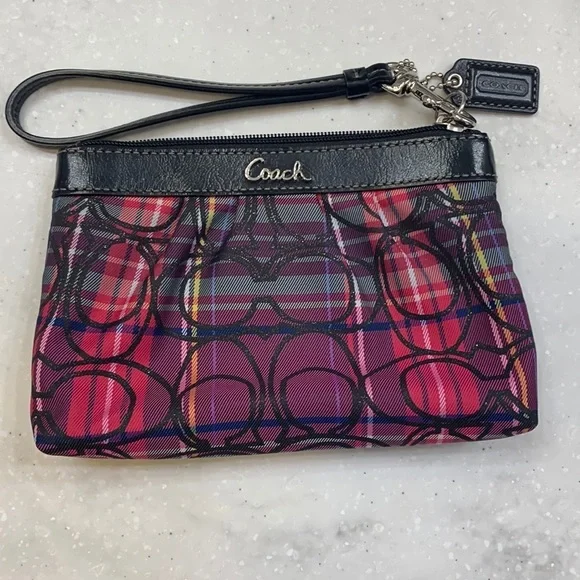 Y2K Coach Poppy Tartan Plaid Wristlet Pink Purple Black Glitter C Logo EUC Retro