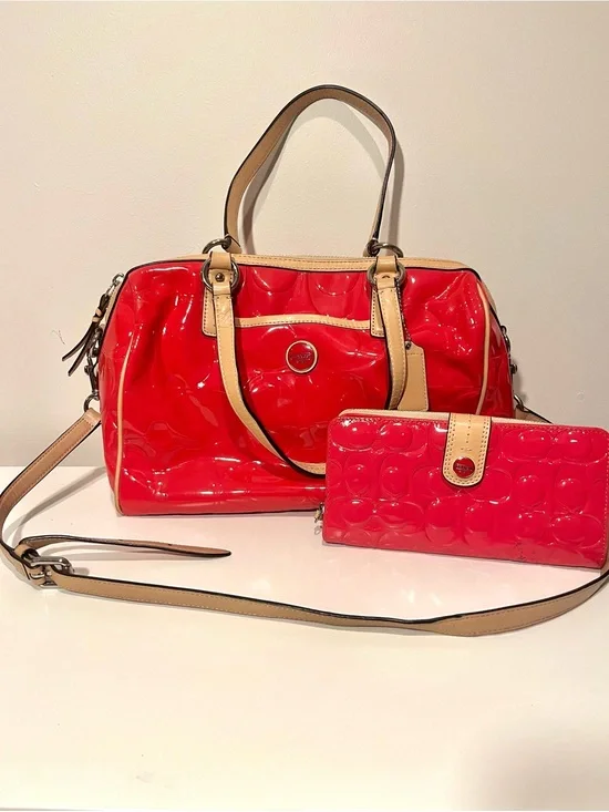 Coach Signature hot pink glossy leather purse and matching wallet SET