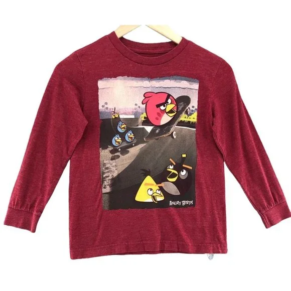 Old Navy Boys T-Shirt Angry Birds Size S Red Long Sleeves Crew Neck School Basic