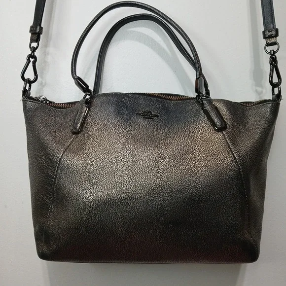 COACH Black And Copper Metallic Pebbled Leather Kelsey Crossbody Bag Purse