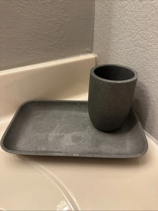 Gray Stone-Effect Bathroom Cup and Tray Set