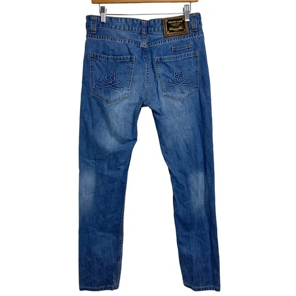 Philipp Plein Illegal Fight Club Jeans Mens 32 Blue Skull Y2K Straight Cut D30