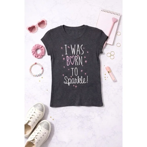 Kids‎ Girls Dark Gray I Was Born to Sparkle T Shirt Size 10 12