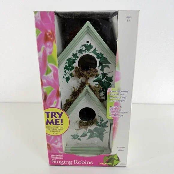 Vintage Jiada Gemmy Living Garden Animated Birdhouse Singing Robins NEW SEALED