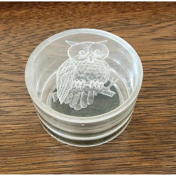 Vintage‎ Round Clear Lucite Intalgio Owl Lidded Trinket Box Dish