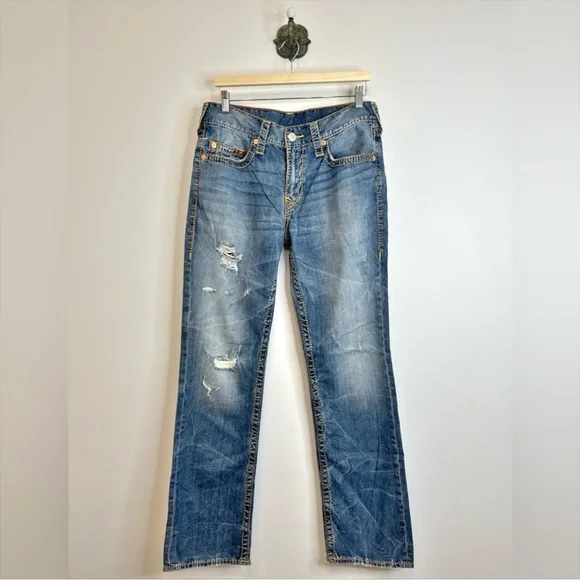 True Religion Straight Old MultiWheat BigT Jeans Distressed Mens Size 33 Vintage