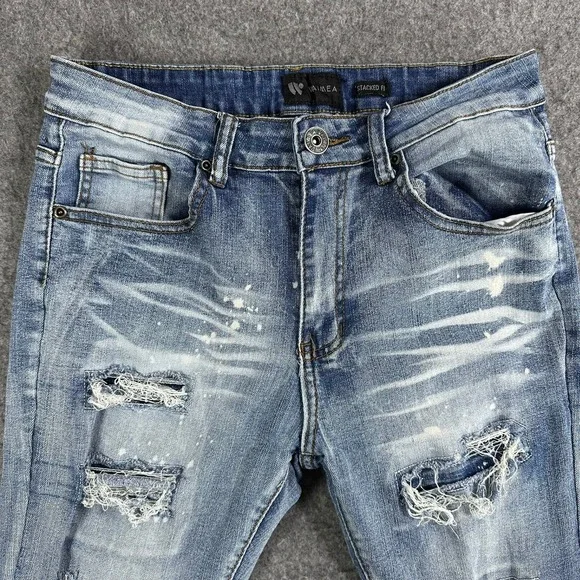 Waimea Mens‎ Size 30 Stacked Fit Ripped Distressed Denim Jeans Light Wash
