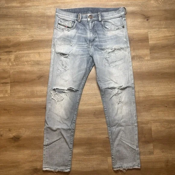 Diesel D-Strukt Jeans Mens 32x27 Light Blue Slim Distressed Made In Italy 009UI