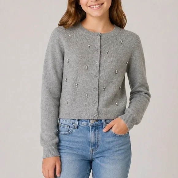 J.Crew Collection Embellished Cardigan Sweater Cotton Holiday CD379 Grey 12 13