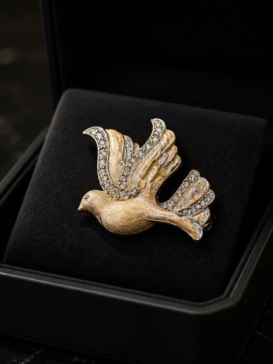 Gold Dove Bird Brooch with Crystal Accents