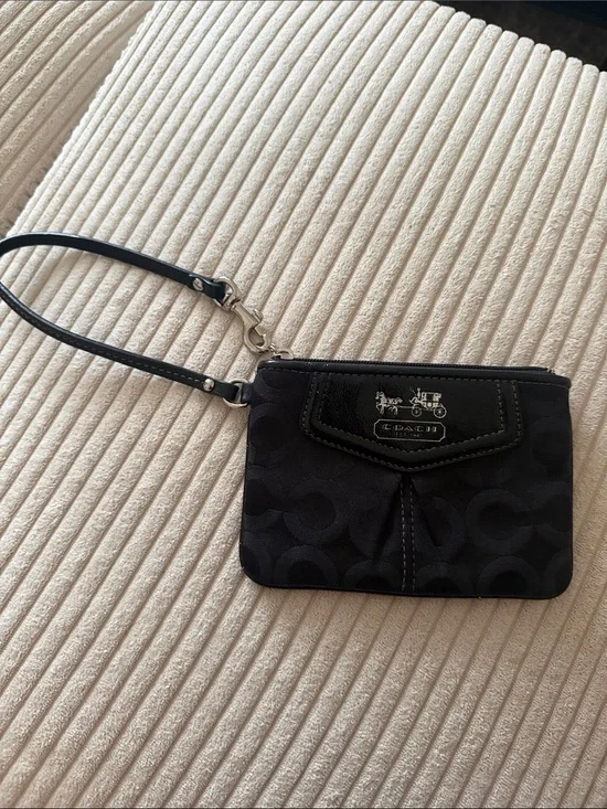Coach Black Signature Wristlet Pouch with Logo Plaque