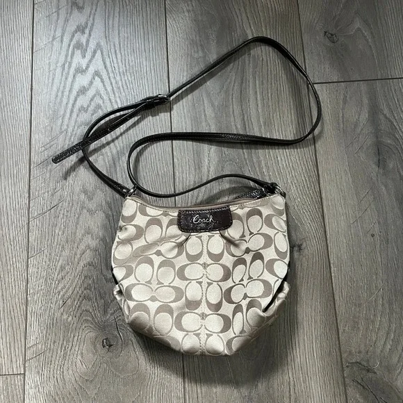 Coach Signature Satin Mini Crossbody Brown Tan Beige Shoulder Bag