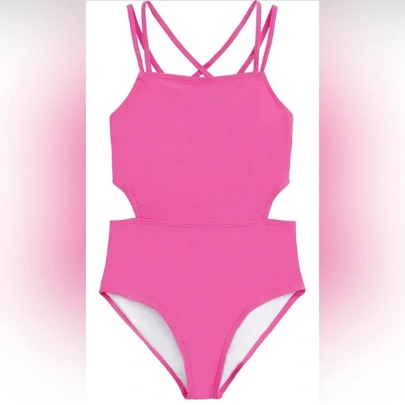 Kanu Surf Girls Size 14 One Piece Swimsuit Cutouts Pink with Crisscross Straps