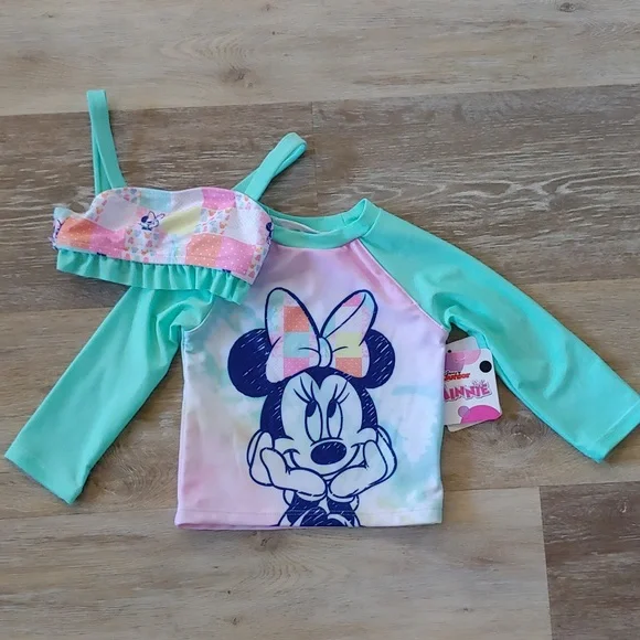 NWT Disney Minnie Mouse Infant Girls Swim Set (Top & Rash Guard) Size 12M