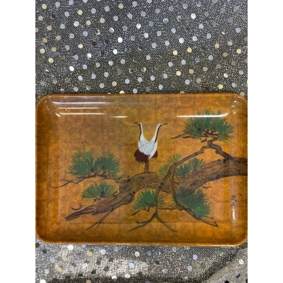 Vintage RDS Import Japanese Crane Lotus Melamine Trinket Trays Set of 2 Brown