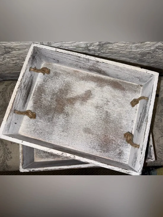 Rustic Whitewashed Wood Serving Tray with Rope Handles