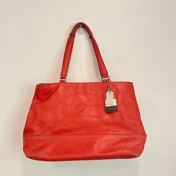 Coach Hampton Perforated & Embossed Leather Tote Handbag Red
