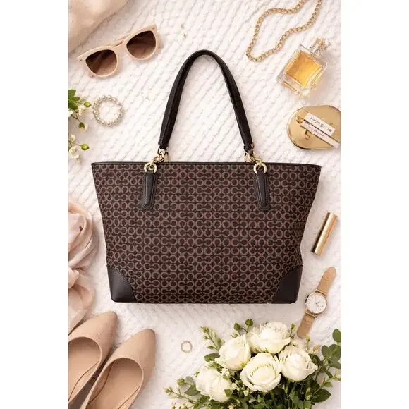 Coach Signature C Women’s Madison Canvas Tote Brown Leather Trim Gold Hardware