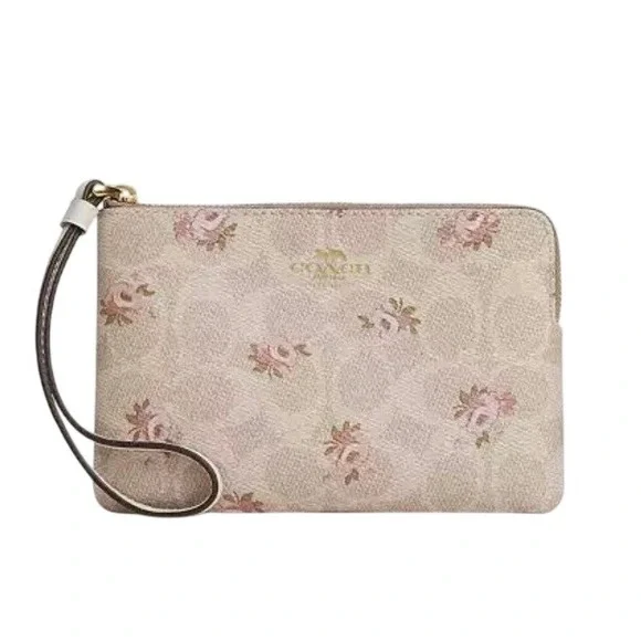 Coach Wristlet Corner Zip Signature Canvas Floral Print Sand Multi NEW