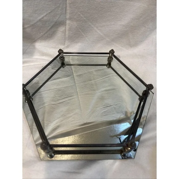 Vintage Hexagon (6 Sided) Vanity Tray Beveled Edge Mirrored‎ Brass 12