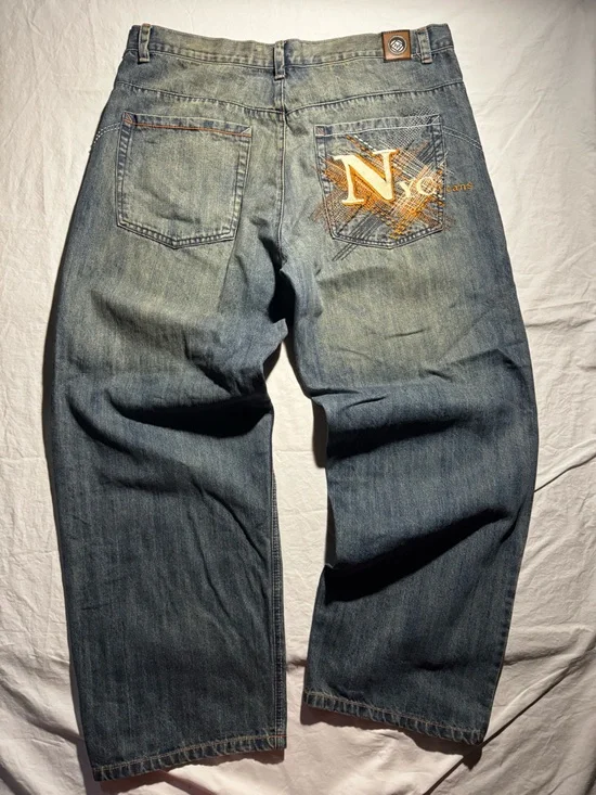 VINTAGE Y2K 212 NYC Brand Denim Embroidered Baggy Blue Men's Jeans Size 44x33