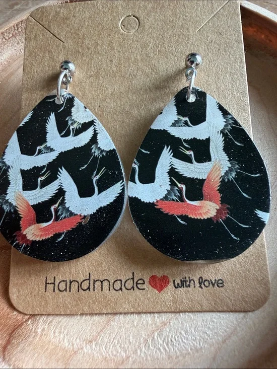 Handmade Black Teardrop Bird Earrings with Red Accent