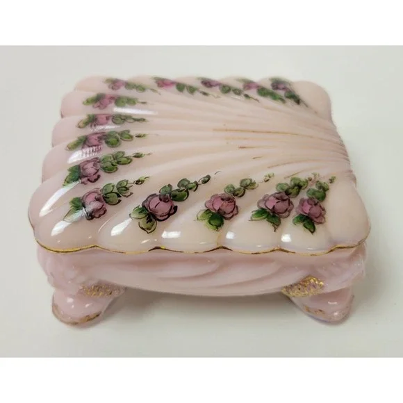 Vtg Cambridge Glass Crown Tuscan Trinket Cigarette‎ Box Seashell Pink Roses