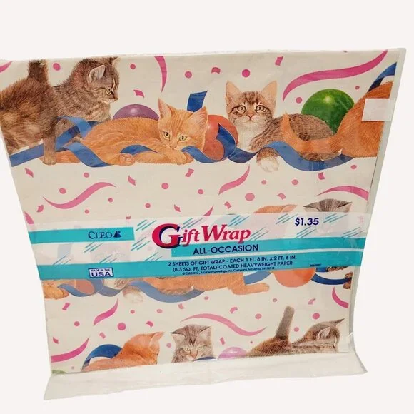 Vtg Tabby Orange Gray Cat Kittens Balloons All Occasion Gift Wrapping Paper