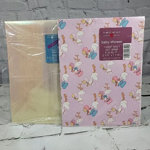 Vintage Wrapping‎ Paper Baby Shower and Clear Iridescent Lot of 2 Packages