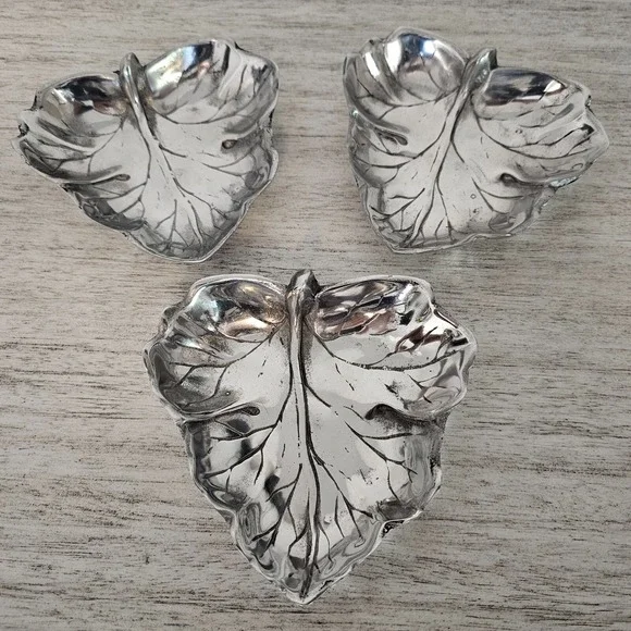 (X3) Leaf Design Trays Antique Silver Plated Decor Trinket Coin‎ Ring