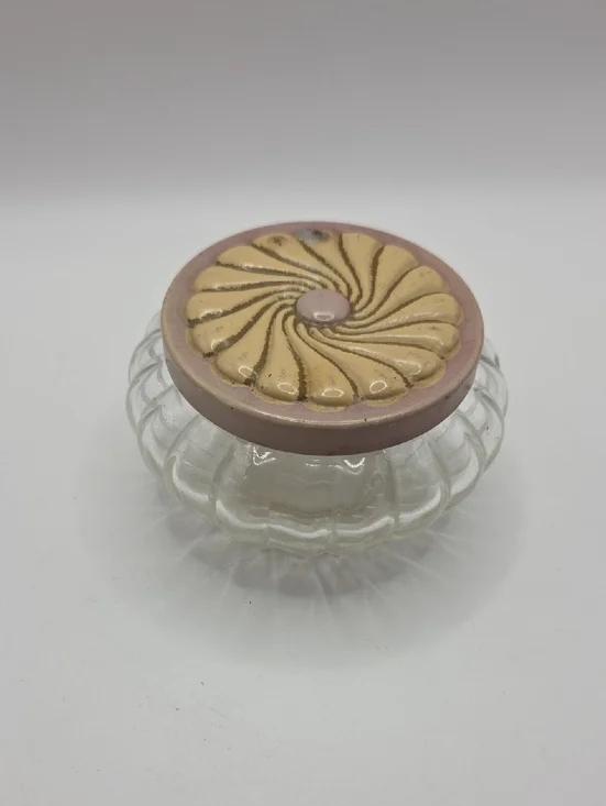 Vintage Glass Powder  Jar with Pink and Cream Decorative Lid