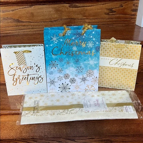 Lot of  3 Holiday Christmas Bags And Tissue Paper