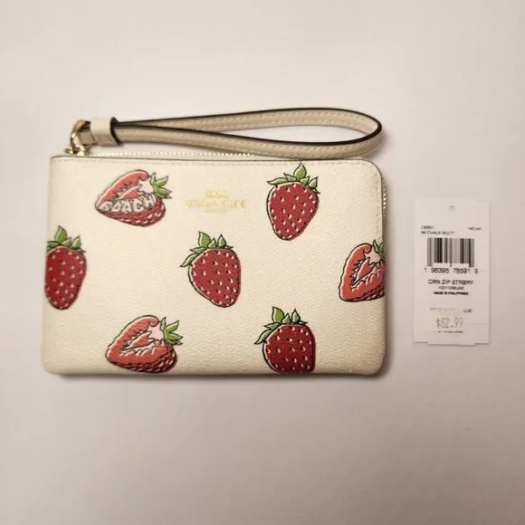 NWT Coach CBB81 Corner Zip Wristlet With Strawberry Print V2