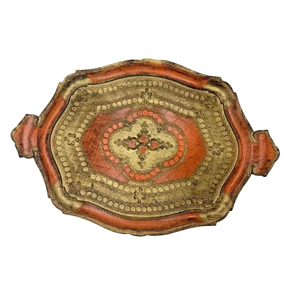 Vintage Italian Florentine Gilt‎ Toleware Orange Gold 14x20 Handled  Tray Italy