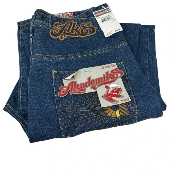 AKADEMIKS NWT Vintage J1 SoHo Men's Jeans Blue Baggy Wide Leg Denim‎ Y2K Size 34