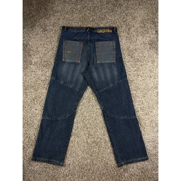 Akademiks Baggy Jeans Y2K Hip Hop Streetwear Skate Denim Checkered Panel Mens 38